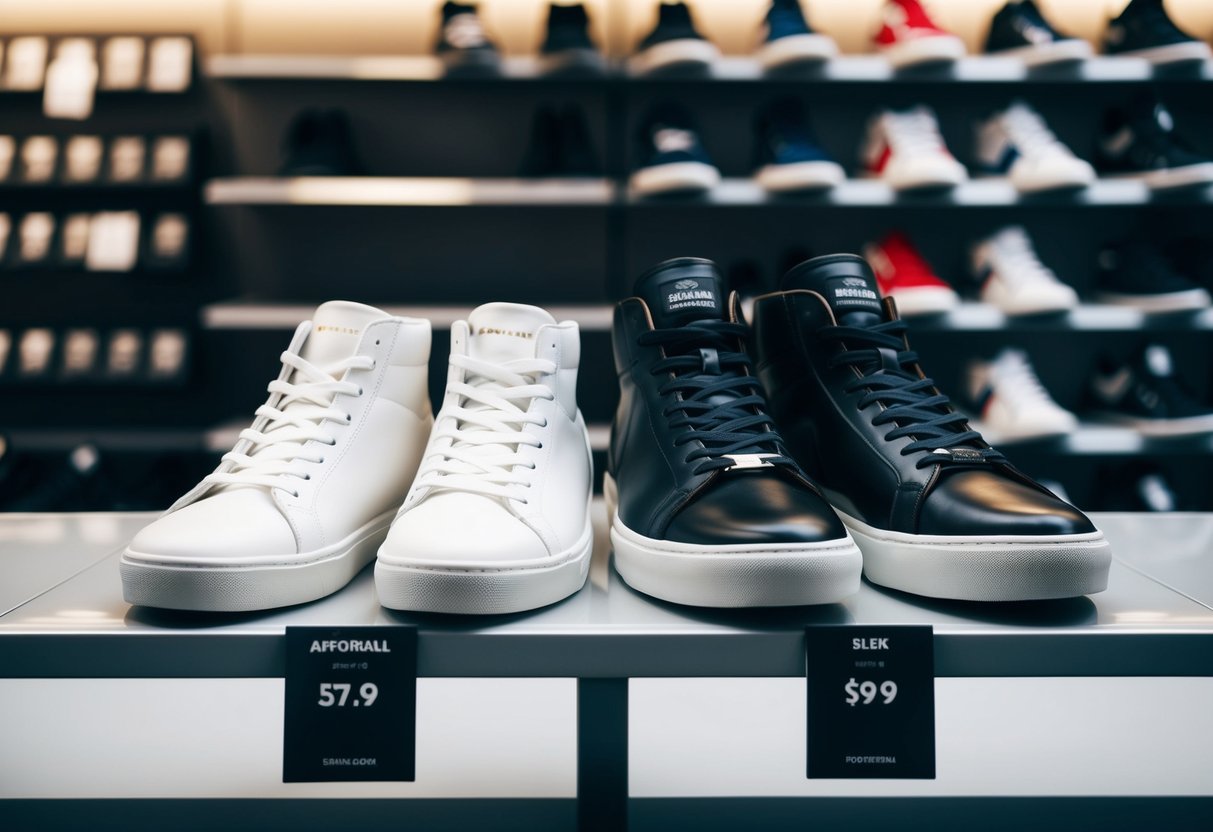 Two pairs of sneakers side by side on a store shelf, one plain and affordable, the other sleek and designer, with price tags displayed