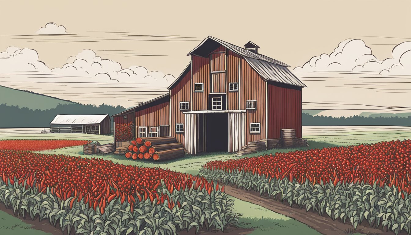 A rustic barn with a smoking chimney surrounded by fields of vibrant red chili peppers