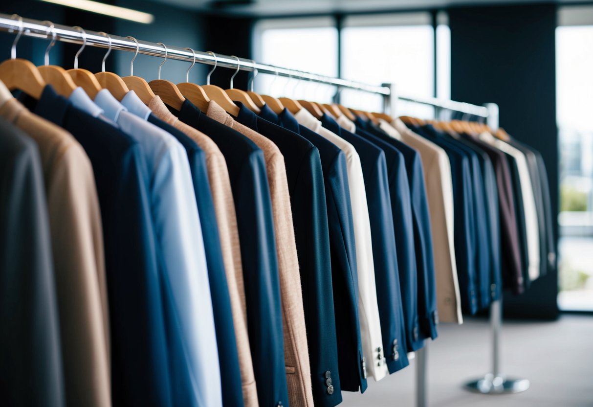 A row of neatly hung blazers and cardigans on display in a professional office setting