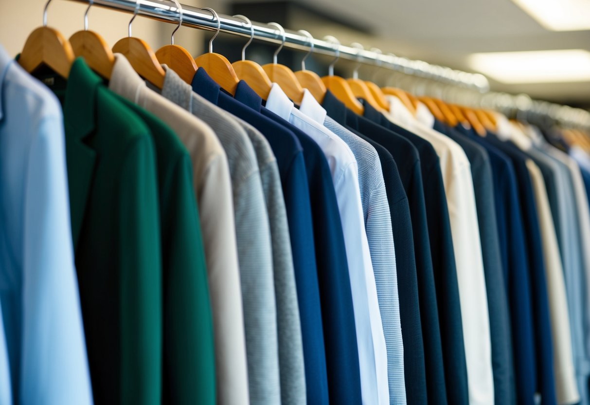 A row of neatly hung cardigans in a professional office setting, with a mix of classic blazers and more casual workwear