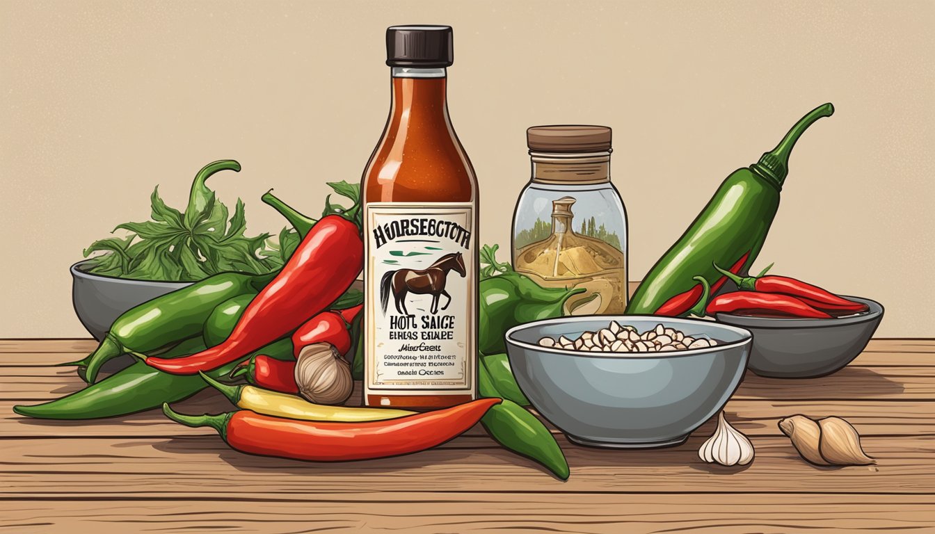 A bottle of Horsetooth hot sauce surrounded by fresh chili peppers and garlic cloves on a rustic wooden table