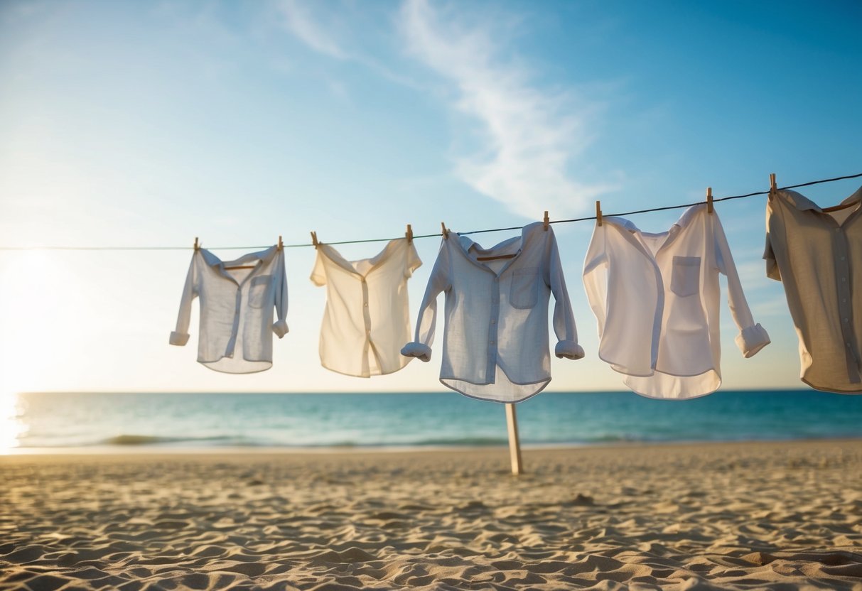 A sunny beach with a clothesline displaying linen and cotton shirts blowing in the breeze