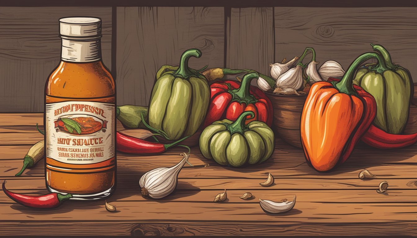 A vintage-looking hot sauce bottle surrounded by chili peppers and garlic cloves on a rustic wooden table