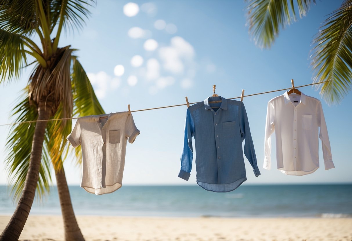 A sunny beach with a linen shirt drying on a line and a cotton shirt hanging on a palm tree