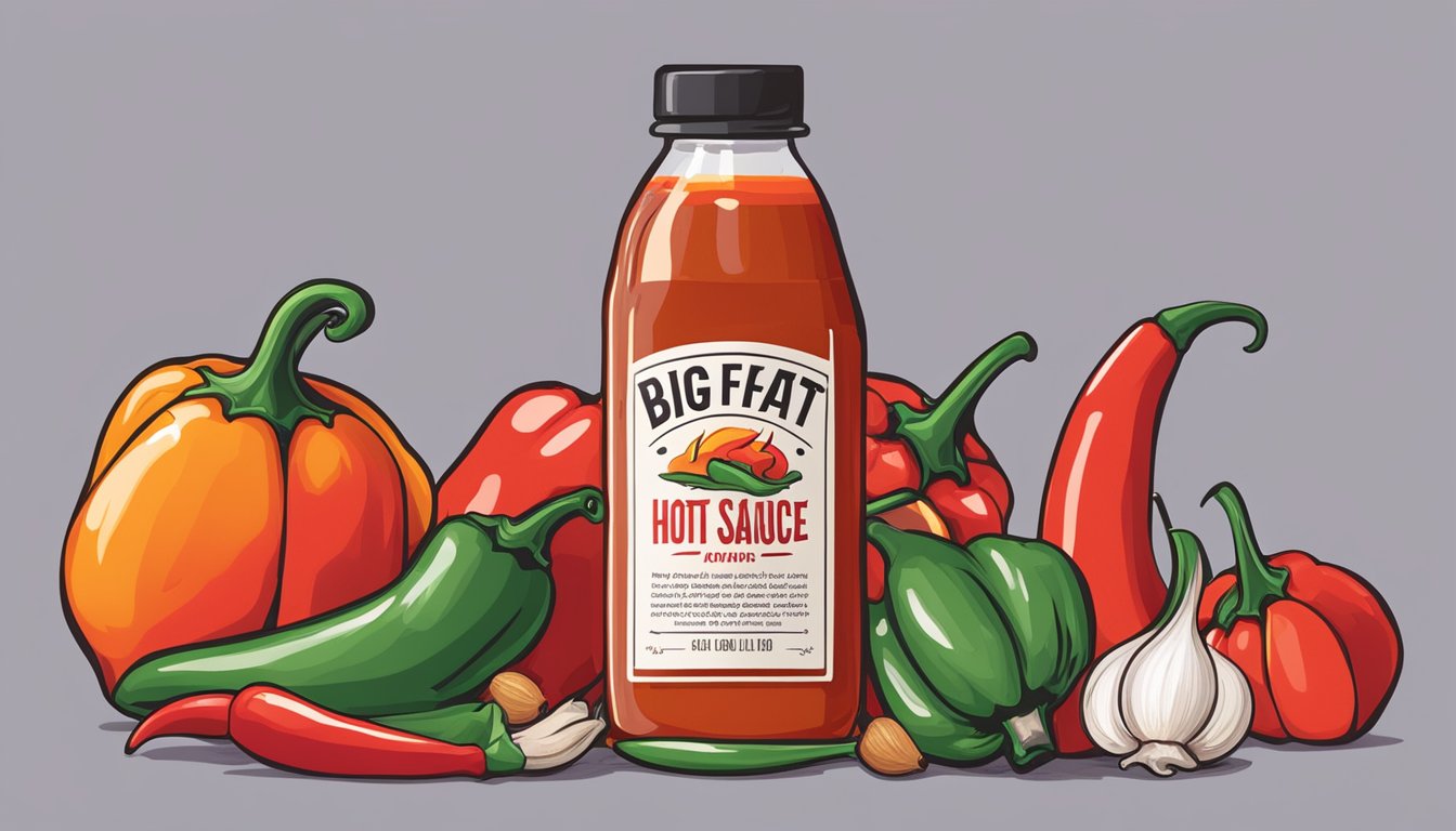 A bottle of Bigfats hot sauce surrounded by chili peppers, garlic, and vinegar. The fiery red sauce emits a strong, spicy aroma