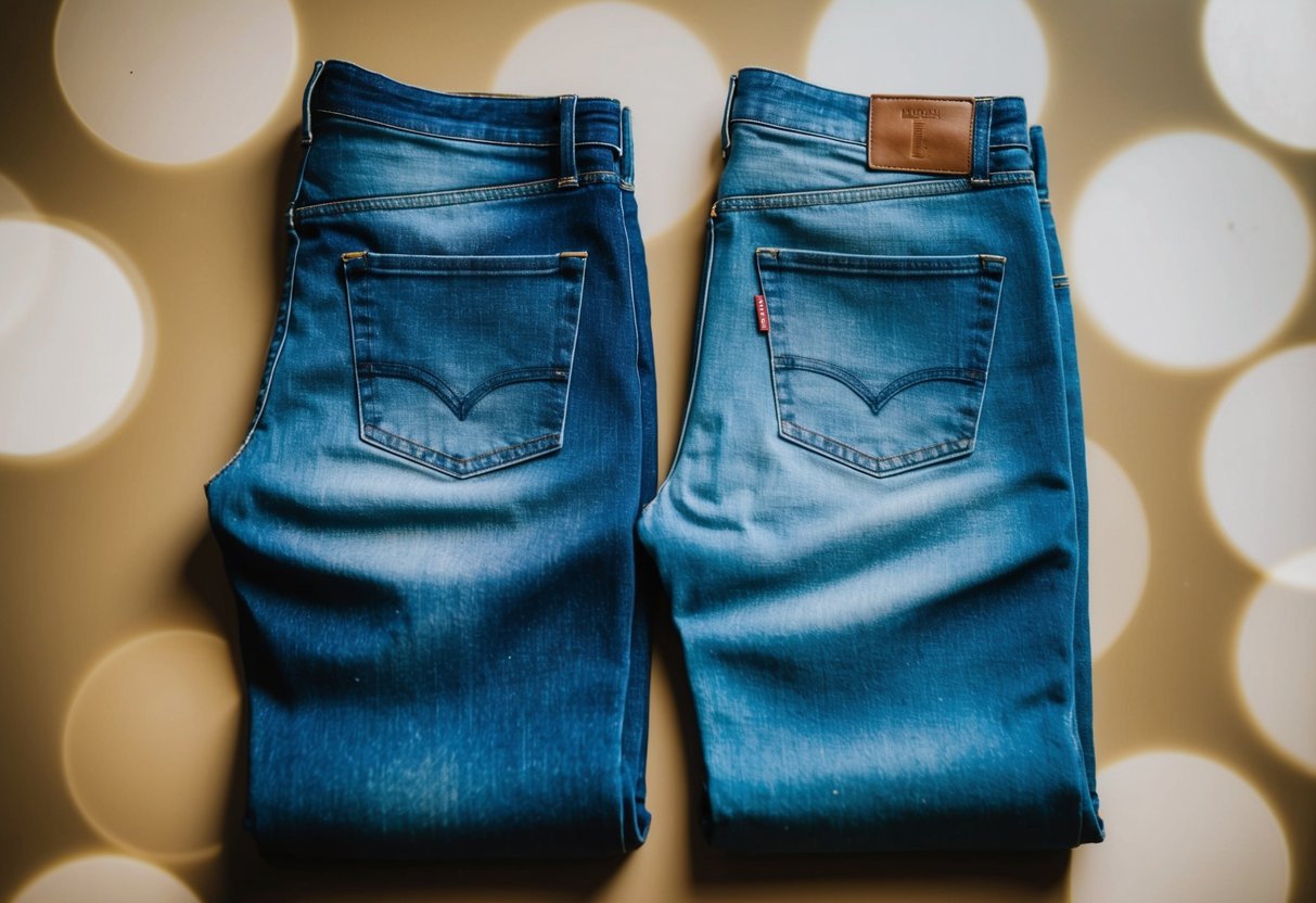 A pair of high-waisted and low-rise jeans laid out side by side, showcasing the difference in waist height and fit