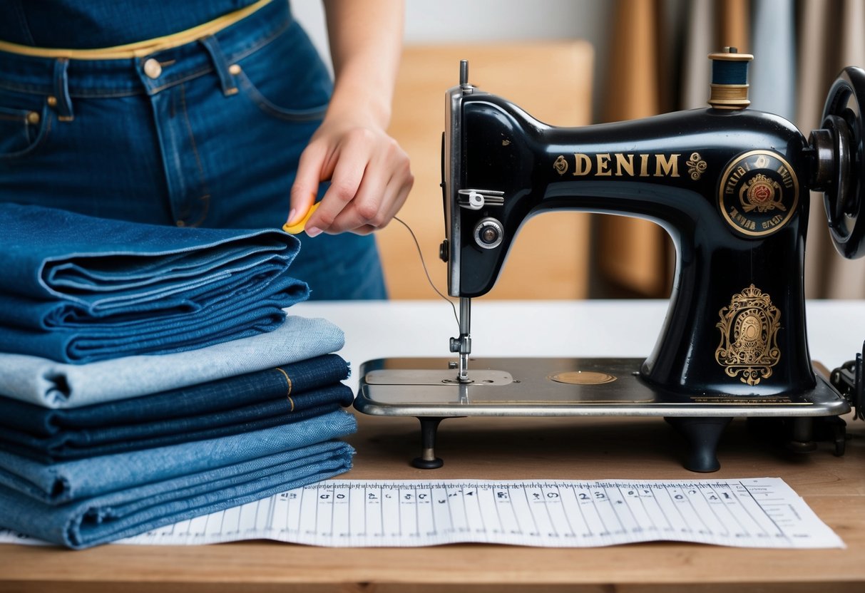 A vintage sewing machine sits next to a stack of denim fabric, while a tailor measures and cuts patterns for high-waisted and low-rise jeans