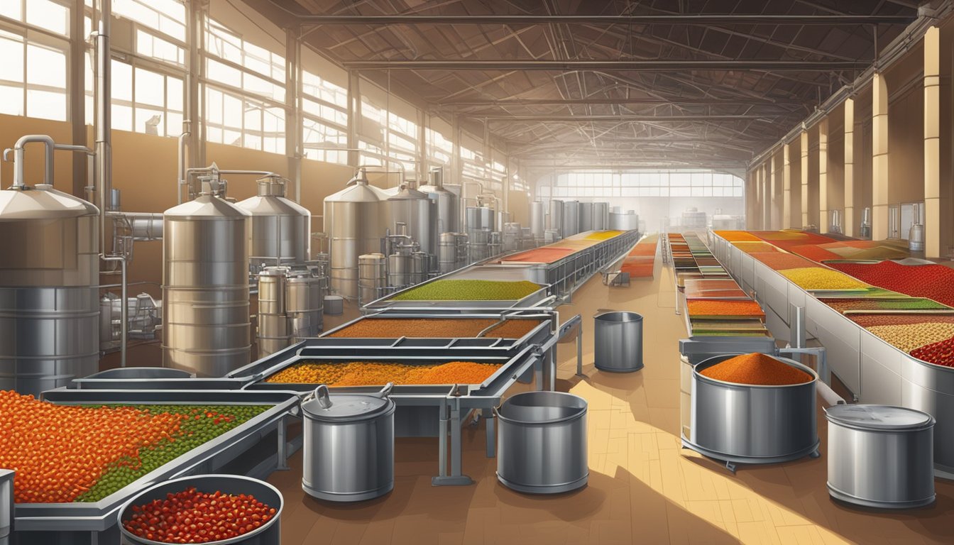 A large industrial factory with conveyor belts, mixing vats, and packaging machines, all surrounded by stacks of hot peppers and barrels of vinegar and spices