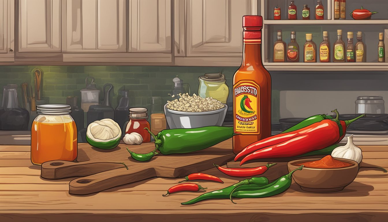 A wooden table with a bottle of Horsetooth hot sauce, surrounded by fresh chili peppers, garlic cloves, and vinegar bottles