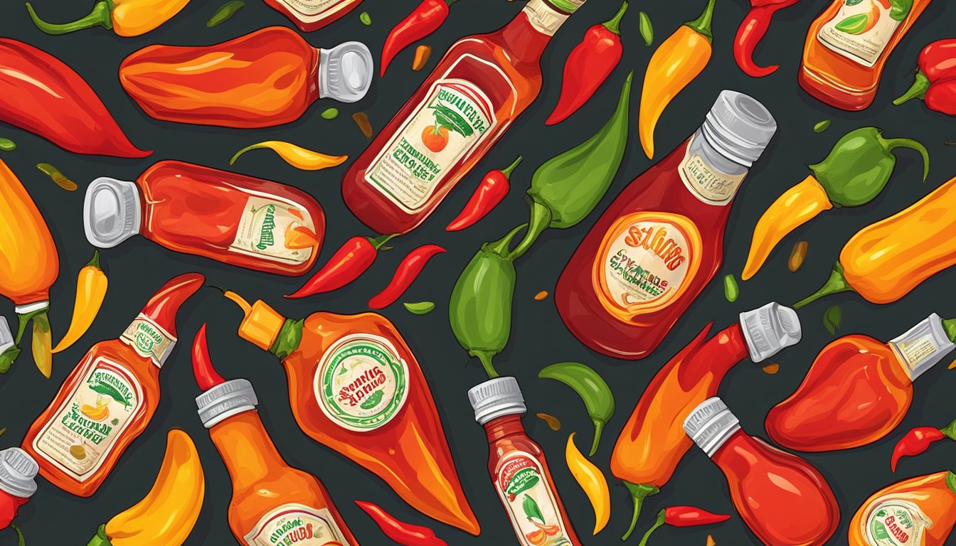 A sizzling hot sauce bottle surrounded by vibrant chili peppers and fiery flames