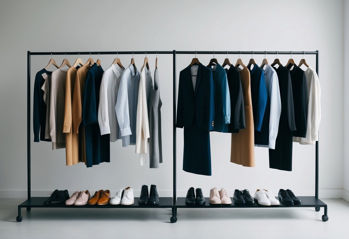 A group of casual and formal clothing items neatly arranged on separate racks in a well-lit room with a minimalist aesthetic