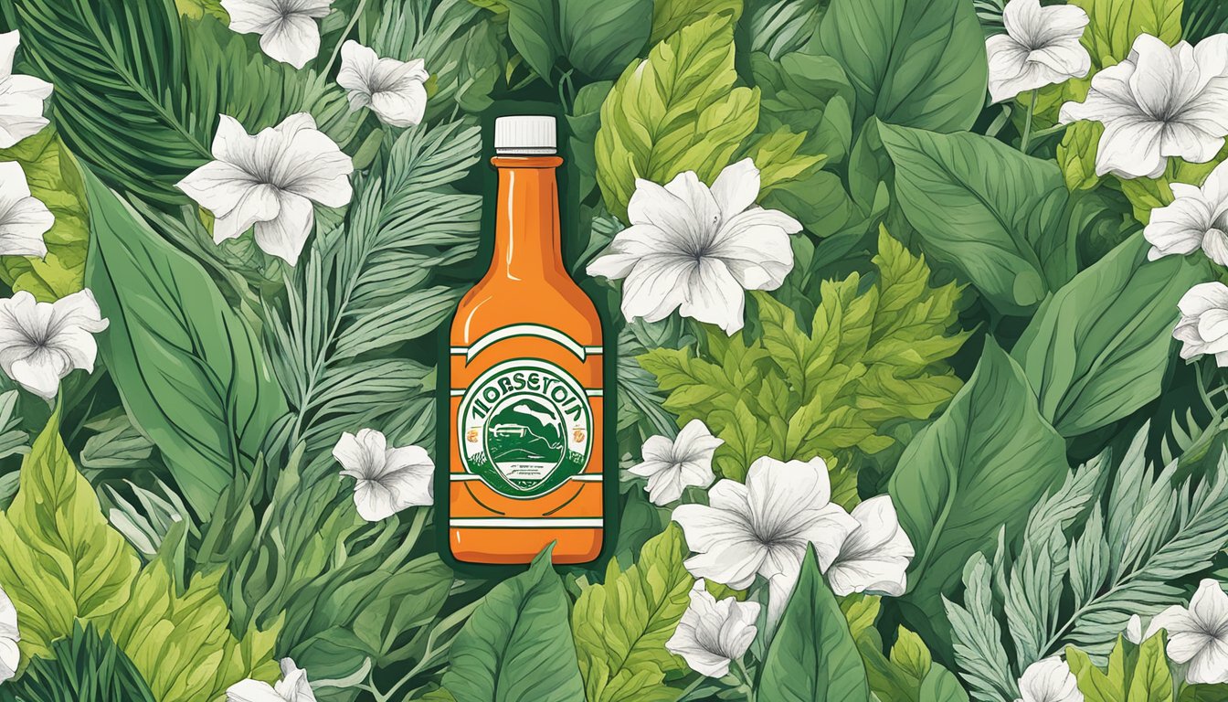 A bottle of Horsetooth hot sauce surrounded by green, leafy plants and a recycling symbol