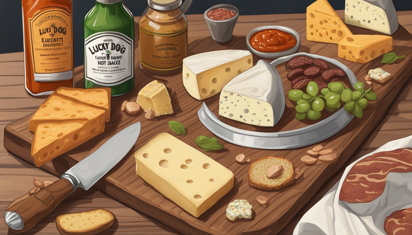 A bottle of Lucky Dog hot sauce next to a spread of gourmet cheeses and charcuterie on a wooden serving board