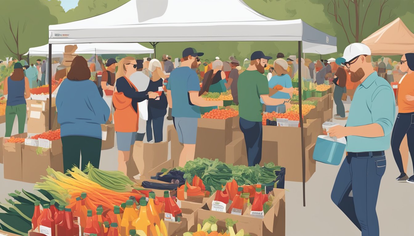 A bustling farmer's market with people sampling and purchasing bottles of Horsetooth hot sauce at a community engagement event