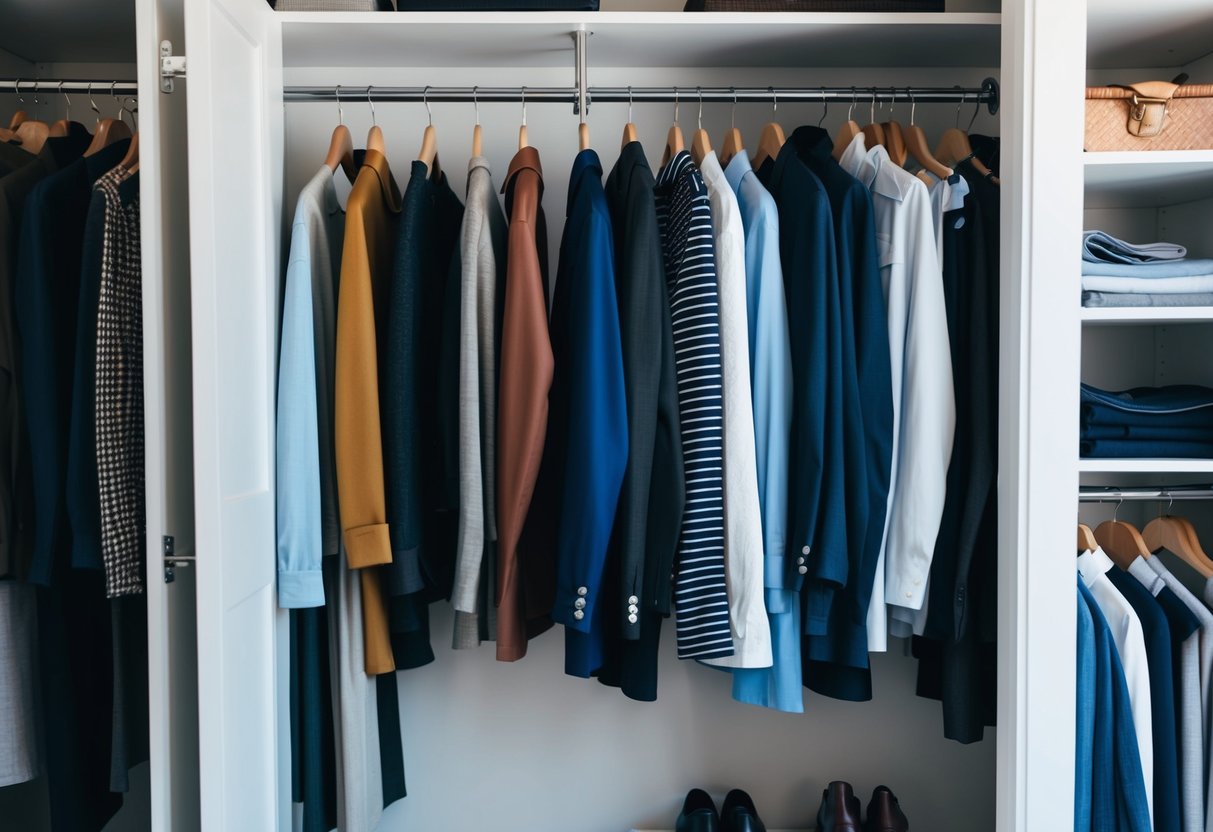 A closet with a mix of casual and formal clothing neatly organized on hangers and shelves