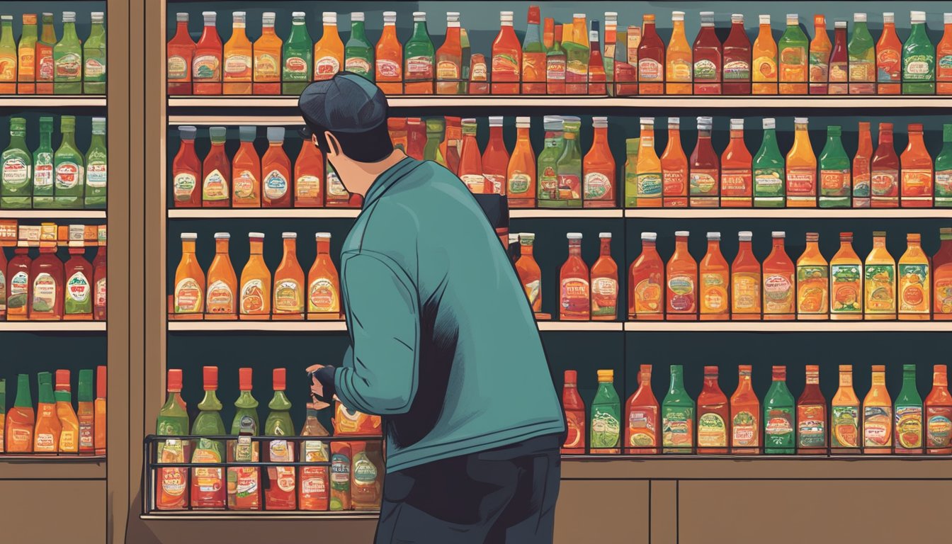 A person selecting a bottle of Horsetooth hot sauce from a shelf in a grocery store