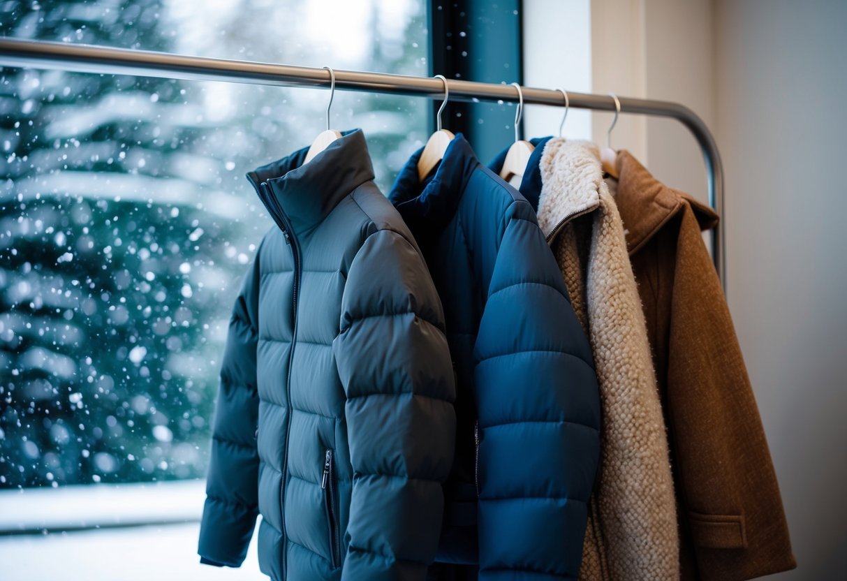 A puffer jacket and a wool jacket hanging side by side on a coat rack, with snowflakes falling outside a window