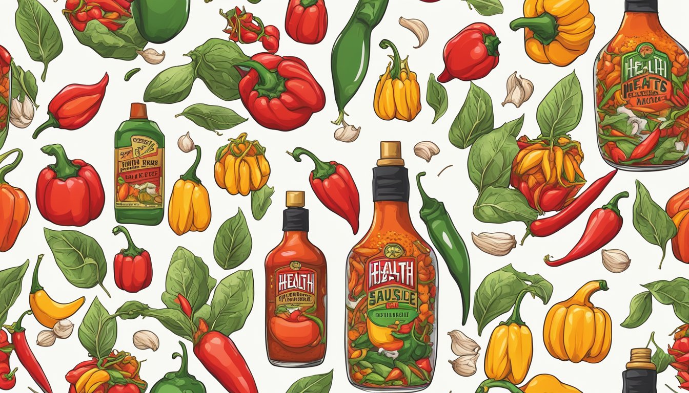 A bottle of Health and Nutrition Bigfats hot sauce surrounded by vibrant chili peppers and garlic cloves