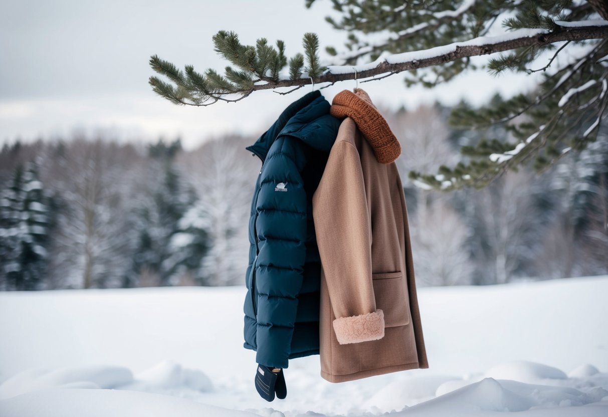 A snowy landscape with a puffer jacket and a wool coat hanging from a tree branch, surrounded by winter accessories like gloves and a hat