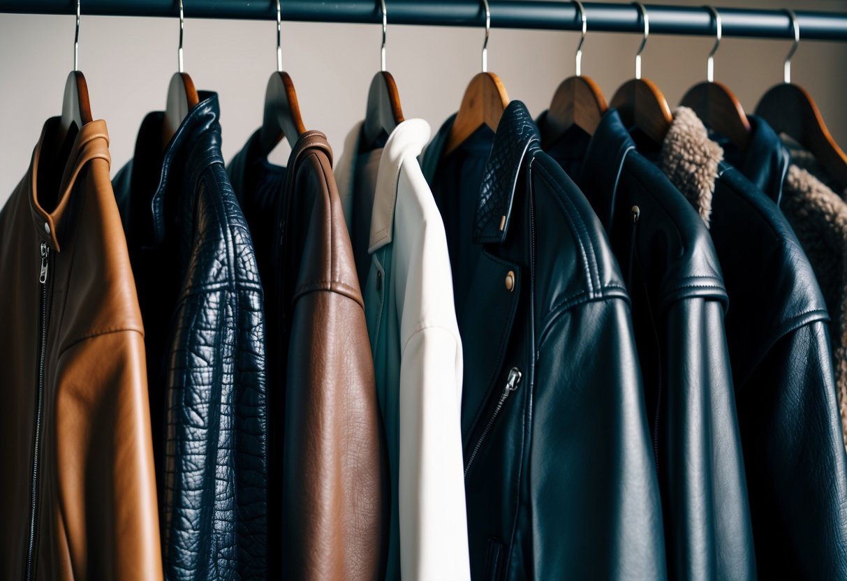 A row of leather and faux leather jackets hanging on a rack, with different textures and finishes catching the light