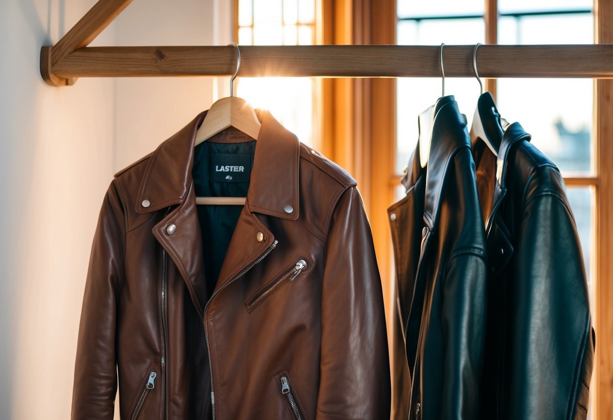 A leather jacket hanging on a wooden coat rack next to a faux leather jacket. The sunlight streams through a window, casting a warm glow on the jackets