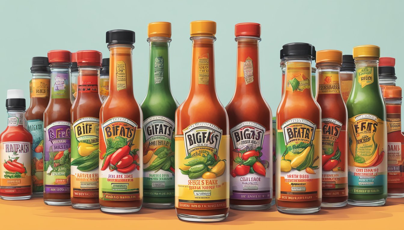 A table displays various bottles of Bigfats hot sauce with price tags