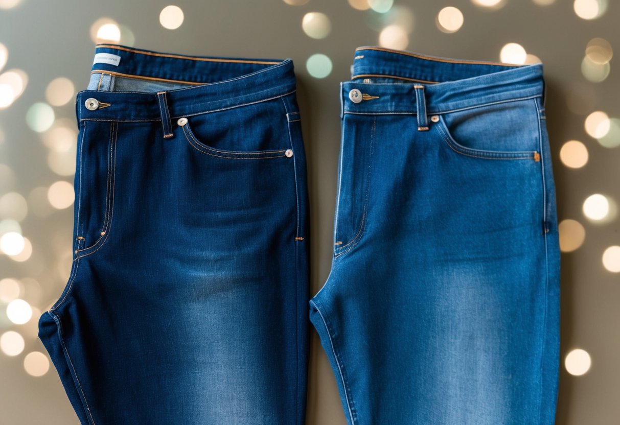 A pair of slim fit and regular fit jeans laid out side by side, with the slim fit appearing more form-fitting and tapered, while the regular fit appears looser and straight-legged