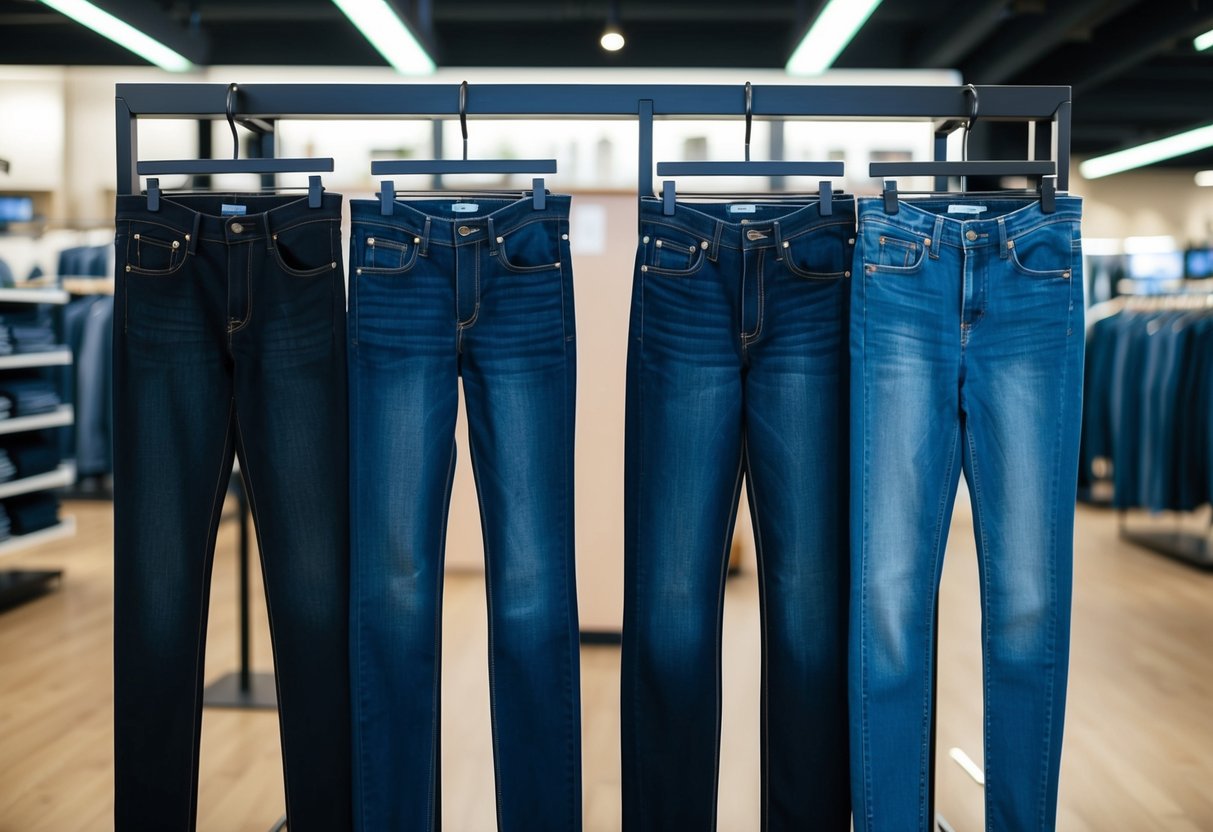 A side-by-side comparison of slim fit and regular fit jeans on a display rack