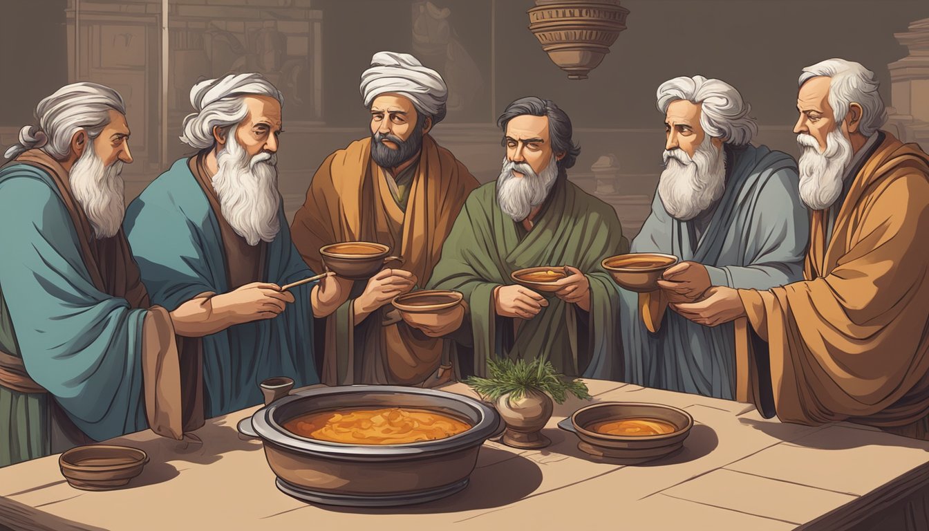 A group of ancient philosophers gathered around a pot of simmering sauce, deep in discussion. The air is filled with the aroma of spices and herbs