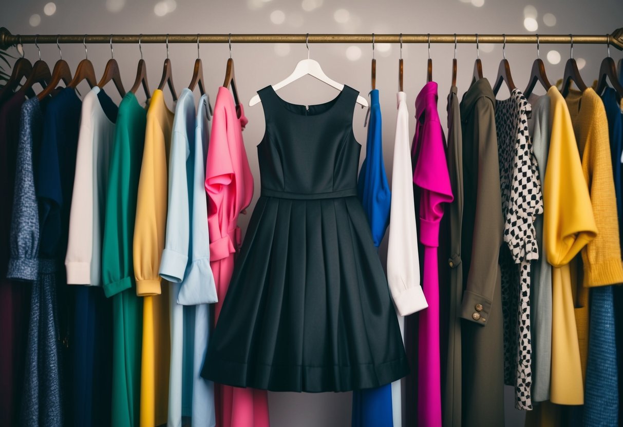 A classic black dress hanging on a vintage coat rack, surrounded by modern, colorful and trendy clothing items