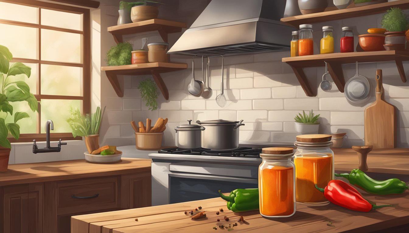 A rustic farmhouse kitchen with fresh peppers, vinegar, and spices on a wooden table, while a pot of hot sauce simmers on the stove