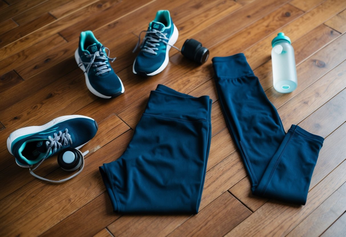 A woman's athletic leggings and shorts laid out on a wooden floor, surrounded by sneakers and a water bottle