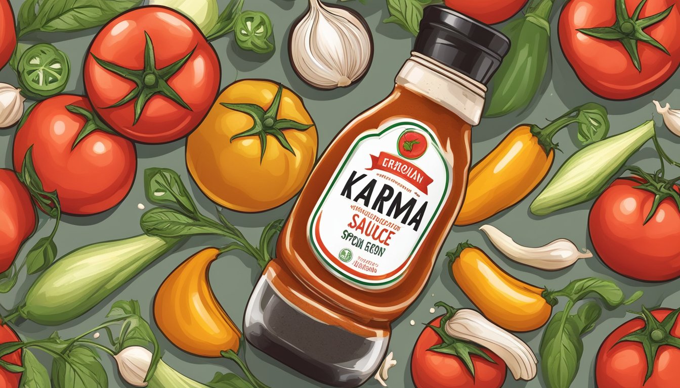 A bottle of Karma sauce surrounded by fresh ingredients like tomatoes, garlic, and peppers, with a hint of spicy and savory aromas in the air