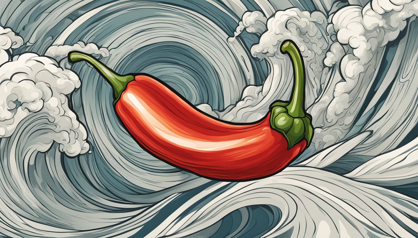 A fiery red chili pepper surrounded by swirling waves of heat and flavor