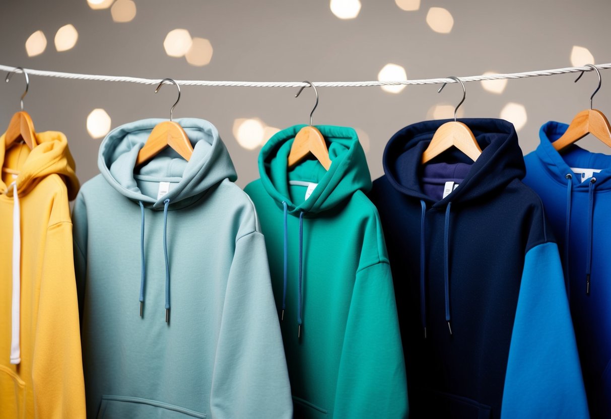 Three hoodies hanging on a clothesline, each in a different style and color. The background is a neutral color to draw attention to the details of the hoodies