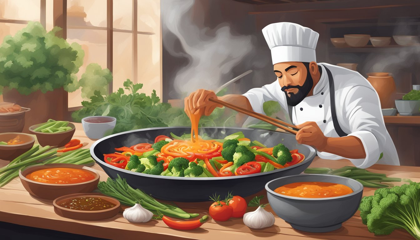 A chef drizzles Karma sauce over a sizzling stir-fry, surrounded by fresh vegetables and herbs