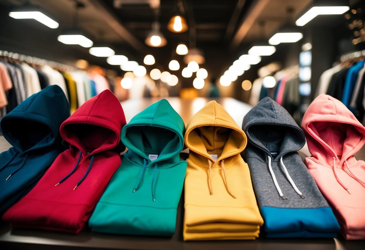 A table with various hoodies in different fabrics and colors laid out for comparison