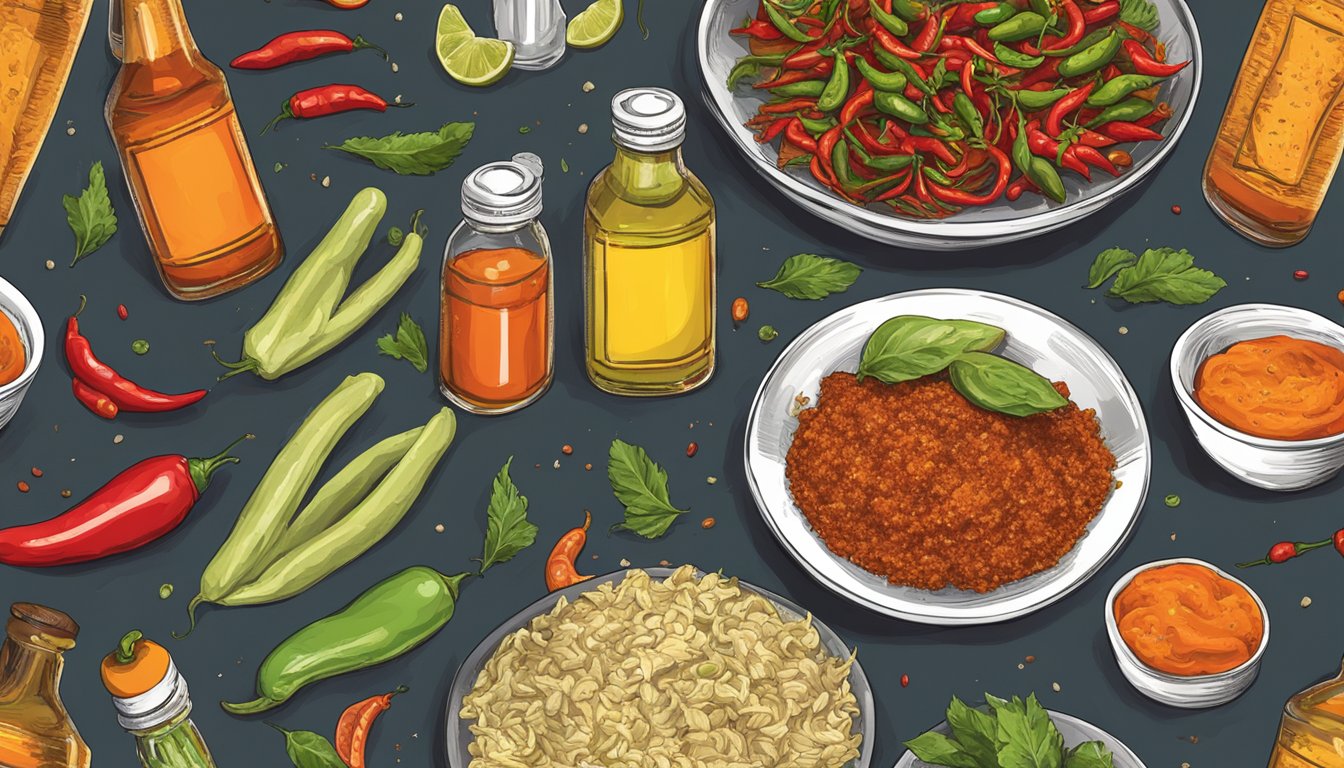 A table with various spicy ingredients and a bottle of Dirty Dicks hot sauce