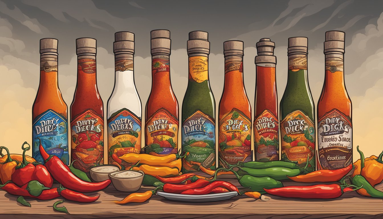 A table with bottles of Dirty Dick's Hot Sauce in various flavors and sizes, surrounded by scattered chili peppers and a smoky, fiery backdrop