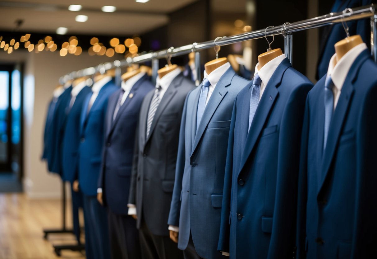 A line-up of formal suits, some single-breasted and others double-breasted, neatly arranged on display racks