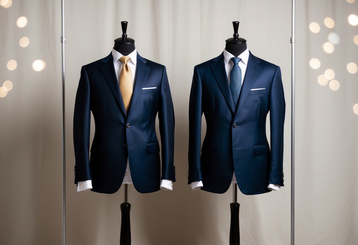 A mannequin display featuring a single-breasted and double-breasted formal suit side by side, set against a neutral backdrop