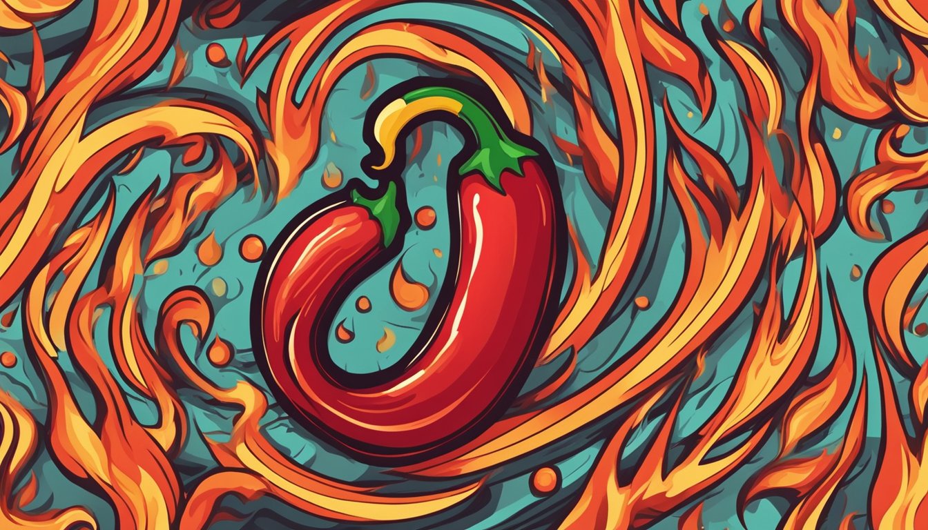 A red chili pepper with a pulsating heartbeat, surrounded by flames