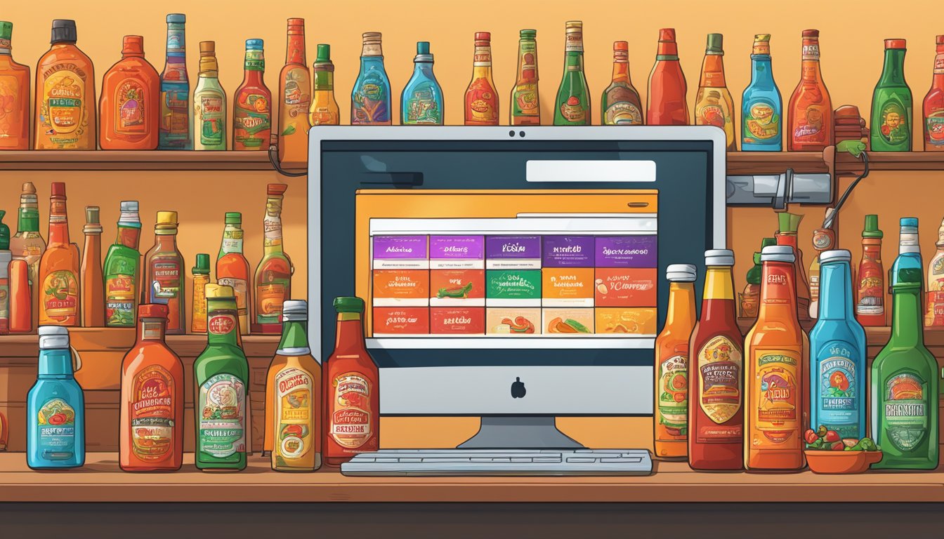 A computer screen displaying the Heartbeat Hot Sauce website, with colorful bottles of hot sauce and various flavor options