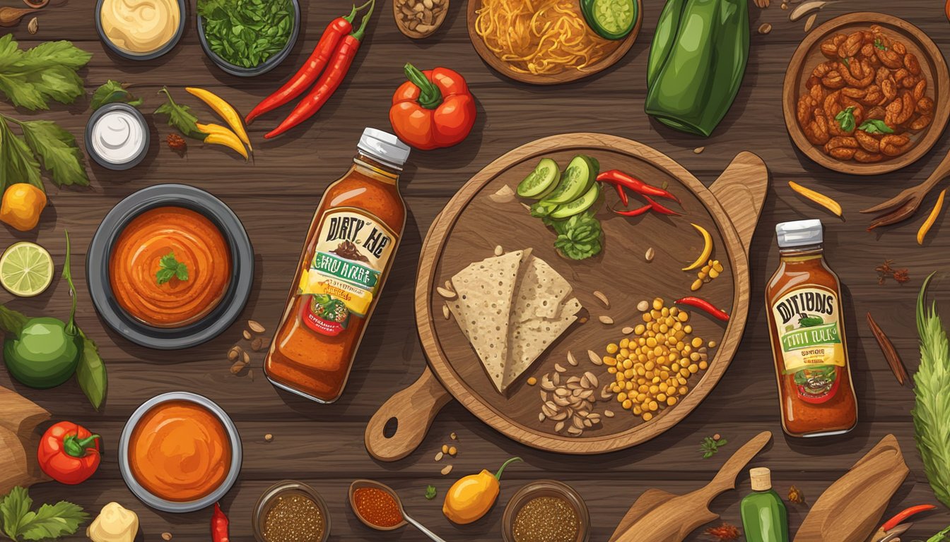 A rustic wooden table with a bottle of Dirty Dicks hot sauce, surrounded by a variety of spicy foods and condiments