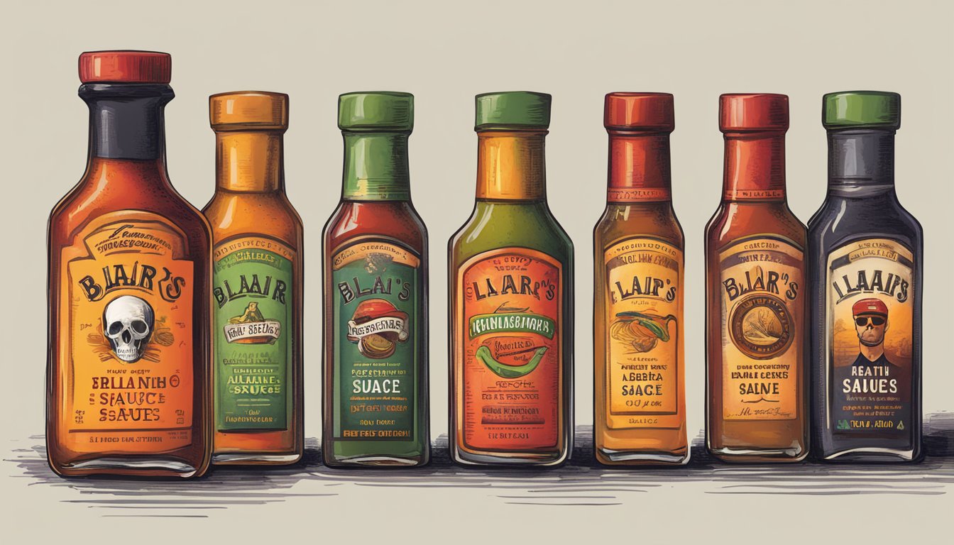 A lineup of fiery hot sauces in various bottles, each labeled with "Blair's Death Sauce."