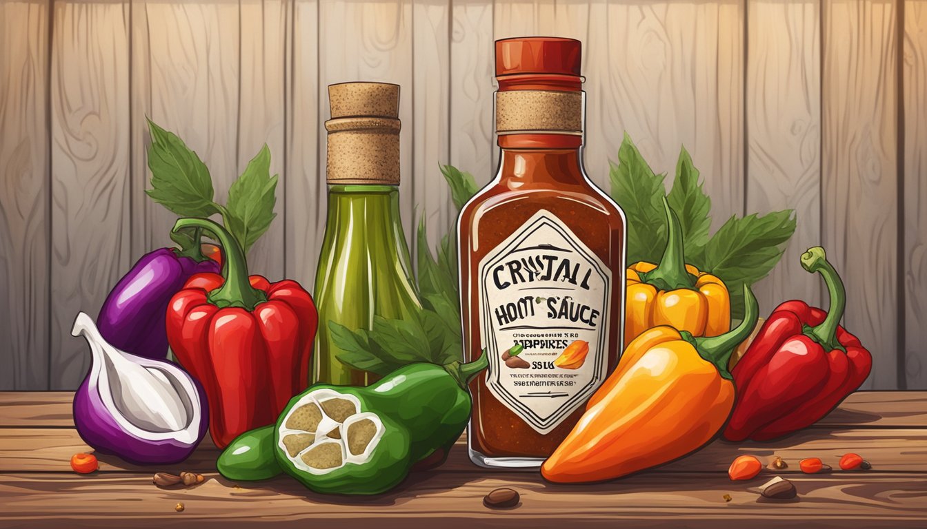 A bottle of Crystal hot sauce surrounded by peppers and spices on a rustic wooden table