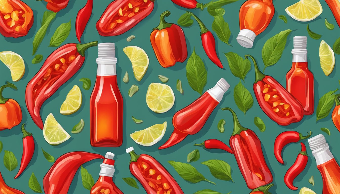 A bottle of Crystal Hot Sauce surrounded by fresh red chili peppers and garlic cloves