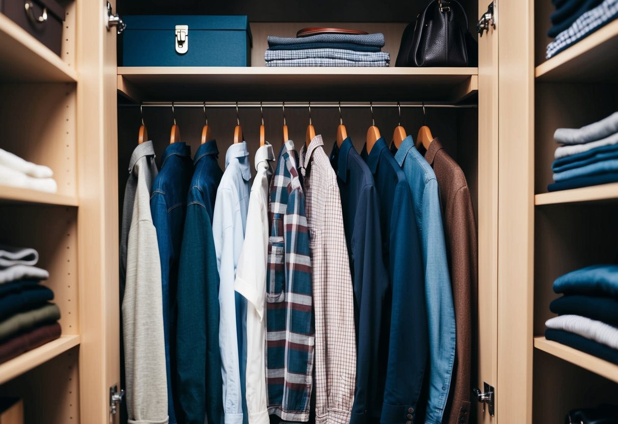 A closet with neatly arranged casual men's clothing and accessories