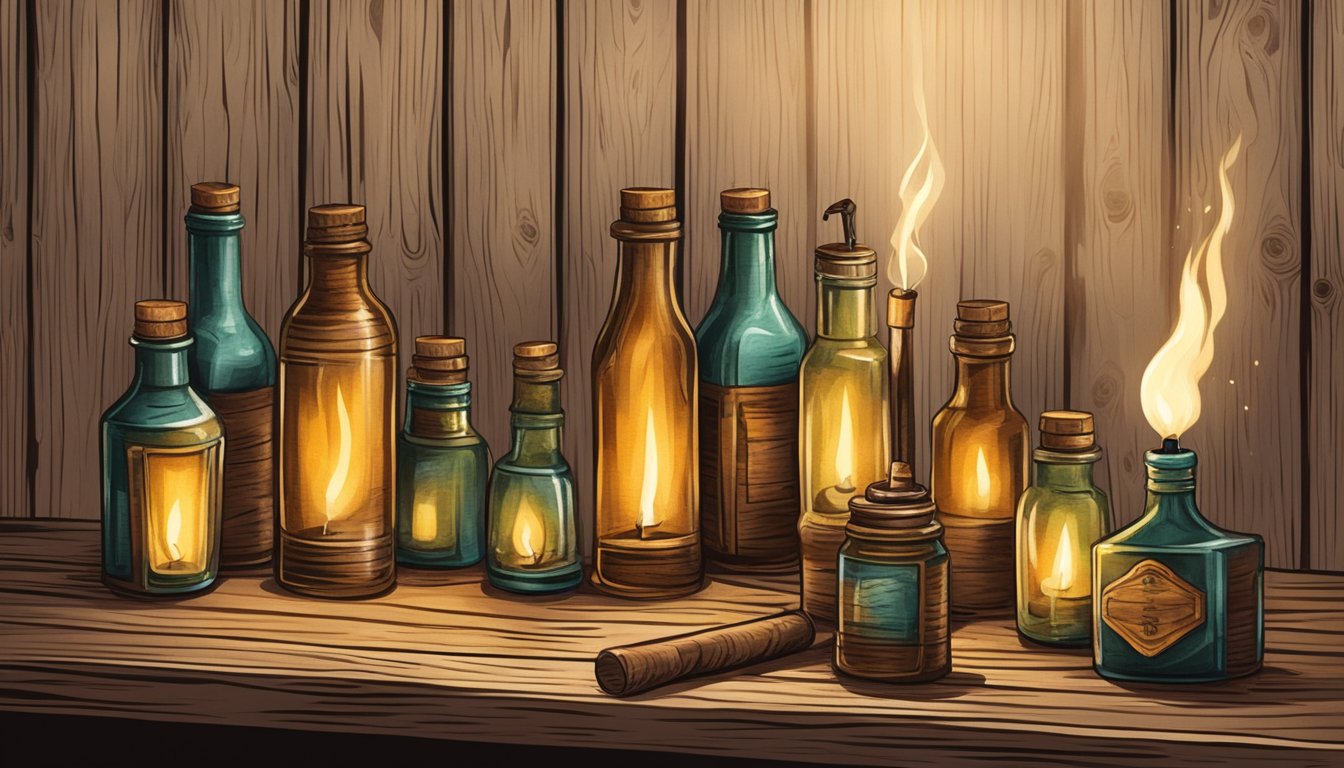 A rustic wooden table with vintage sauce bottles and a flickering torch