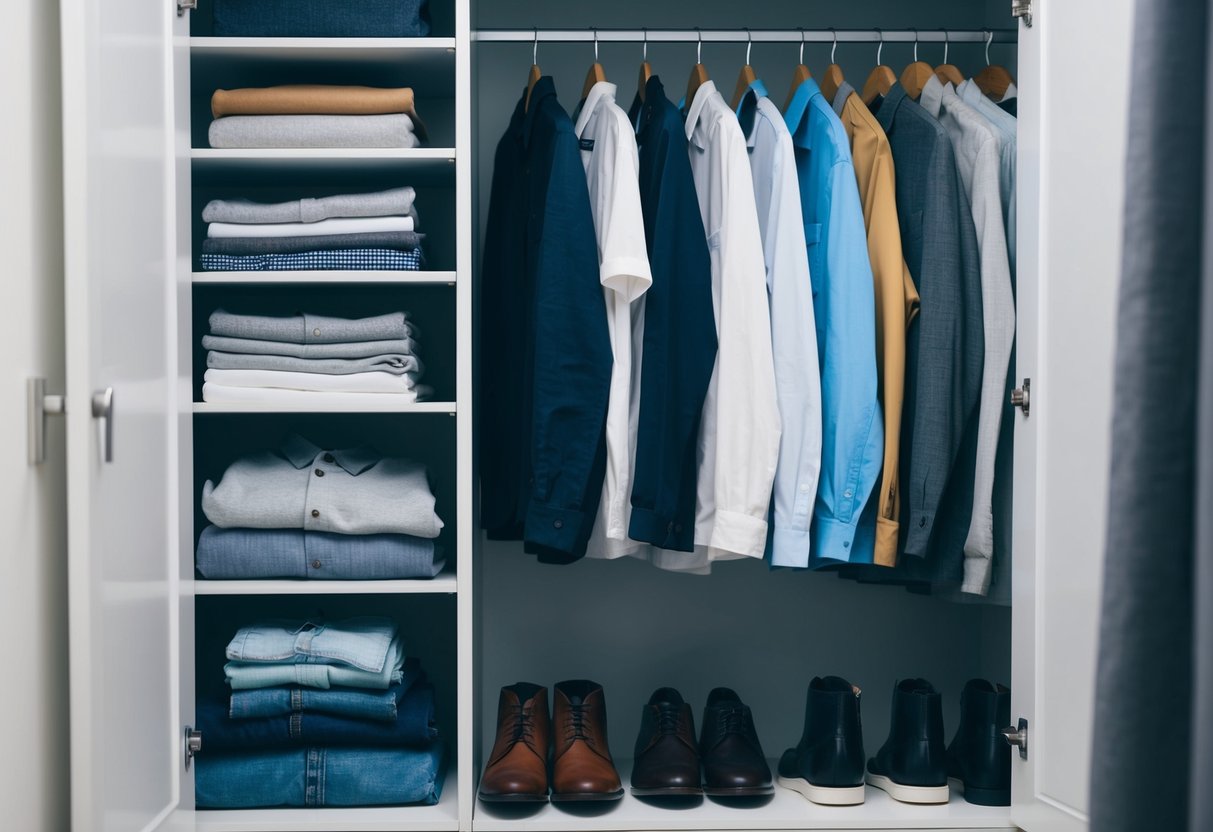 A man's wardrobe with casual clothing items neatly arranged on a shelf